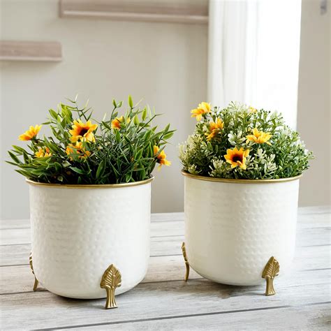 BEHOMA Metal Hammered White Planter with Golden Trim for Home Decor ...