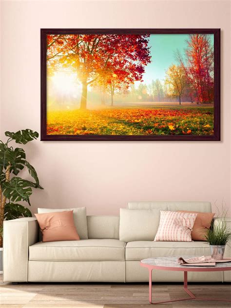 999STORE Printed Sunrise Behind The Red Leaves Trees Painting Wall Art ...