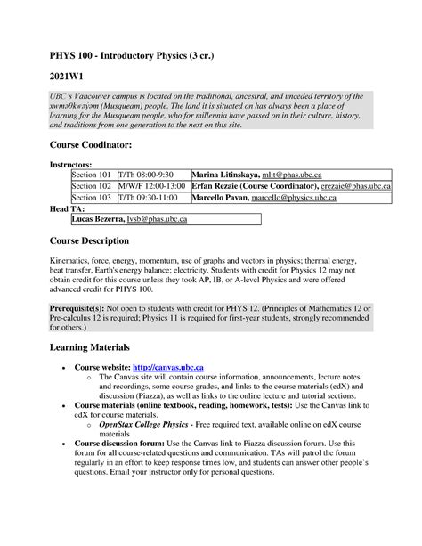 PHYS 100- Syllabus- 2021W1 - PHYS 100 - Introductory Physics (3 cr.) 2021W UBC’s Vancouver ...