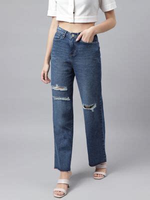 Buy Xpose Women Navy Blue Comfort Mildly Distressed Wide Leg High Rise ...
