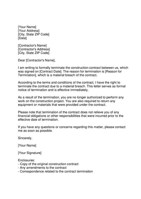 Construction Contract Termination Letter – Document Template