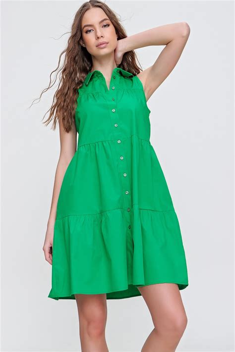 Yeşil Kat Kat Volanlı Dokuma Mini Gömlek Elbise | Alaçatı Stili