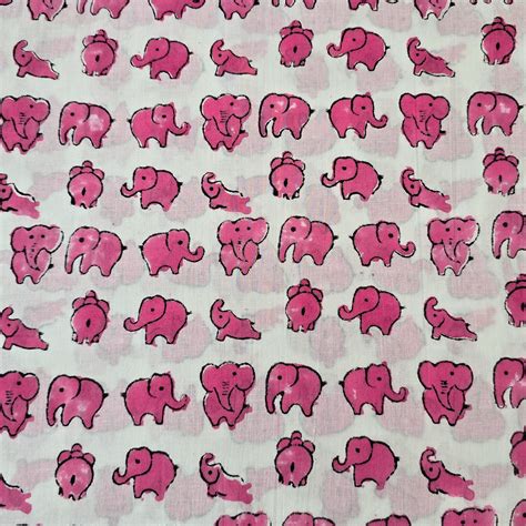 (PRE-CUT 0.80 METER) Pure Cotton Jaipuri White With Pink Elephants Han ...