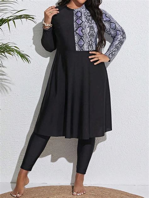 Swim Mulvari Plus Snakeskin Print Burkini Set Long Sleeve High Neck ...