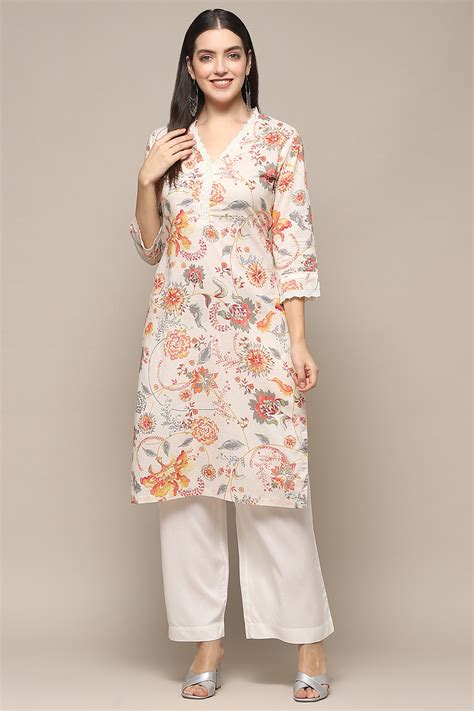 Buy Off-White Cotton Floral Straight Kurta Online at Biba Global