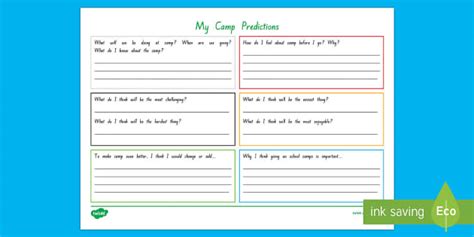 School Camp Prediction Worksheet / Worksheet (teacher made)