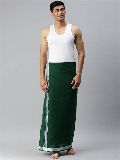 Mens Dark Green Lungi with Fancy Border Color Diamond