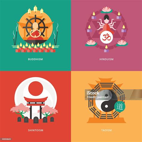 Flat Design Concepts For Buddhism Hinduism Shintoism Taoism Stock ...
