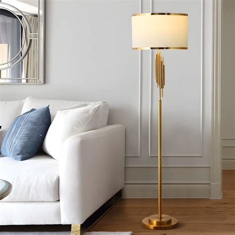 Modern Gold Floor Lamp with White Fabric Shade and Foot Switch - 1 ...