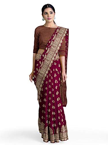 Buy Bharatsthali Maroon Color Silk Saree with all over Zari Booty and ...