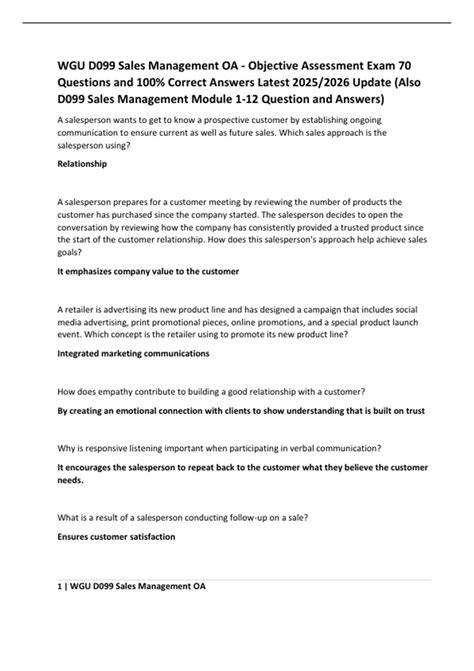 WGU D099 Sales Management OA - Objective Assessment Exam 70 Questions ...