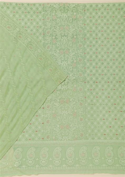 Buy Pista Green Threadwork Georgette Unstitched Salwar Suit - Koskii