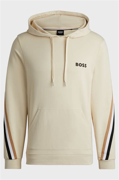 BOSS - Cotton-terry hoodie with signature-stripe tape - Light Beige