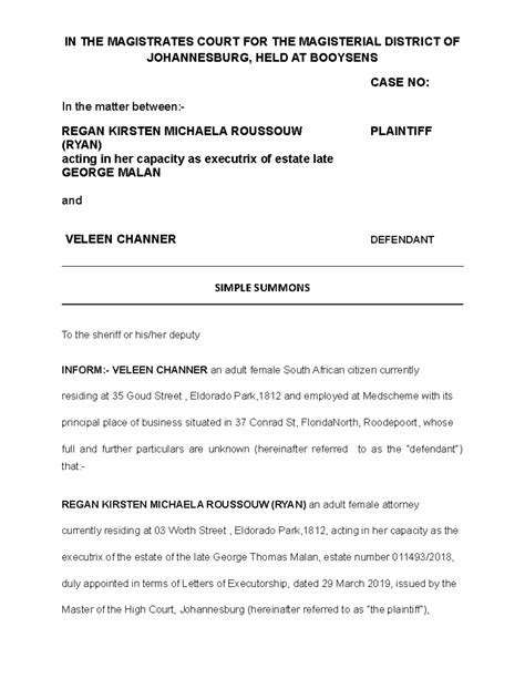 Simple Summons - Regan - IN THE MAGISTRATES COURT FOR THE MAGISTERIAL ...