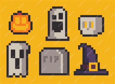Varias ilustraciones con temática de halloween en estilo pixel art ...