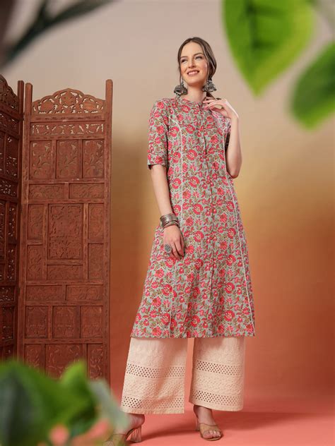 Stylum Women's Sky Blue Floral Printed Cotton A-Line Kurta (SKYBELLA ...