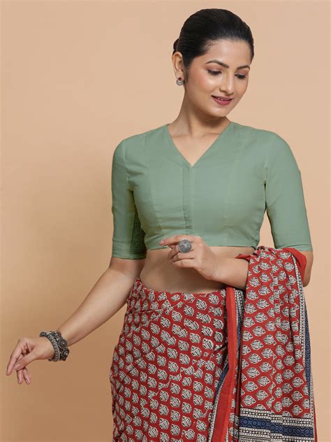 Elbow Sleeves Saree Blouse in Peppermint Green Linen – Binks
