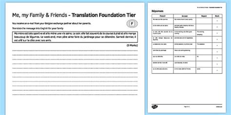 Me, my Family and Friends Foundation Tier Translation Worksheet ...