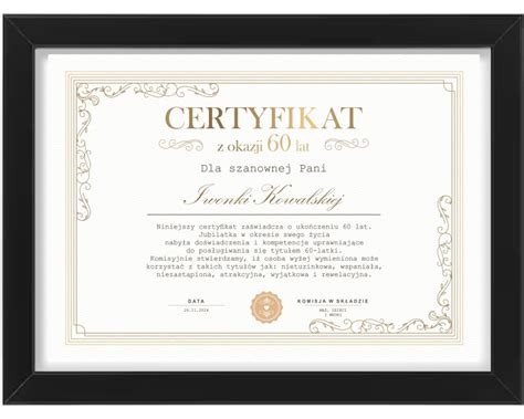 Certyfikat prezent na urodziny 50 60 lat