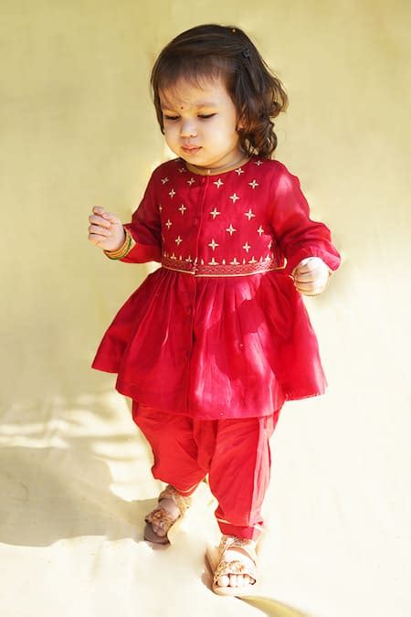 Buy Red Cotton, Silk, Chanderi Embroidery Angrakha Set For Girls by ...