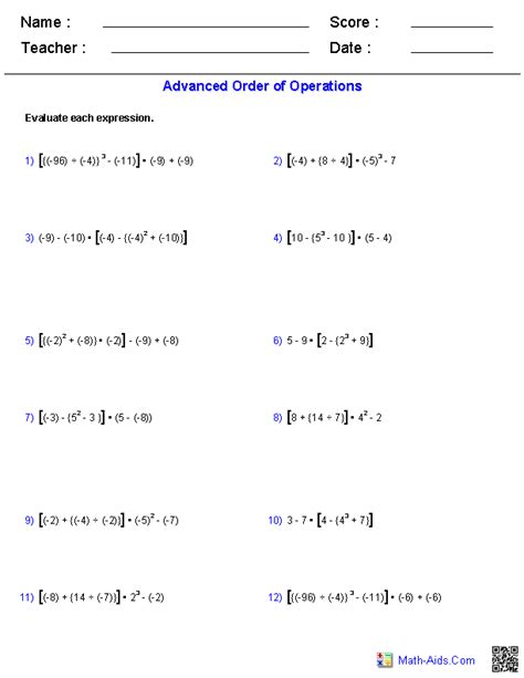 Image result for Order of Operations Worksheet Math Aids