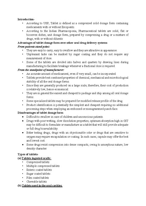 Unit II: Tablet Dosage Form Notes (Pharm 101) - Studocu