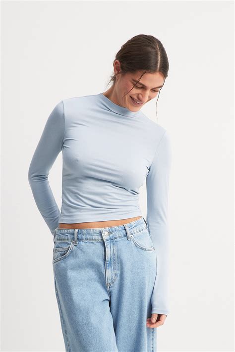Soft Line Funnel Neck Long Sleeve Top Blue | NA-KD