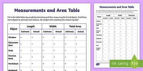 Measurements and Area Table Worksheet / Worksheet - Twinkl