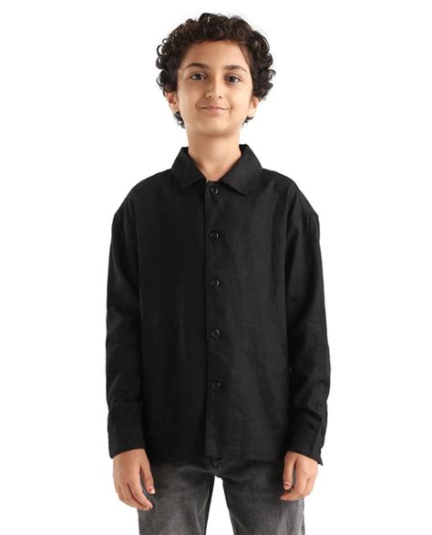 Rare Ones Kids Jomok-T Black Linen Blend Button Closure Flat Collar Pl
