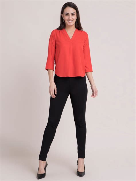 Buy Coral V Neck Pleated Top Online | FableStreet