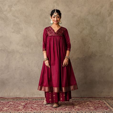 Plum Block Printed Anarkali Kurta with Hand Embroidery Details on Yoke ...