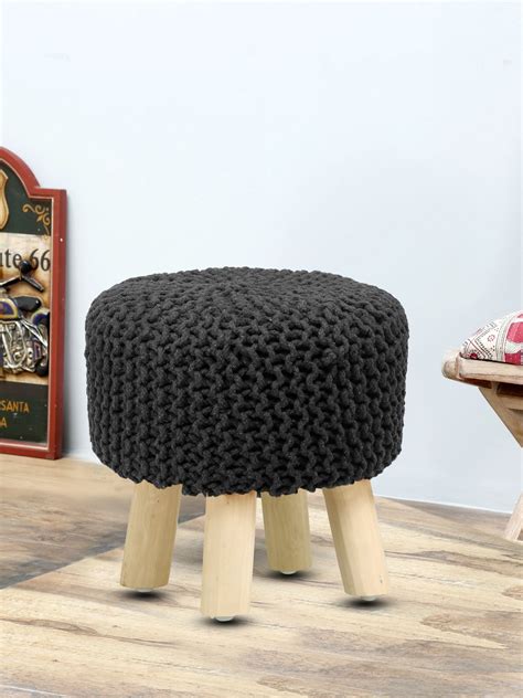 ROMEE Cotton Knitted Wooden Sitting Stool Ottoman/Pouffe for Living ...