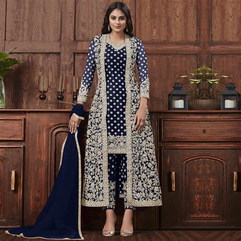 Groovy Navy Blue Coloured Partywear Embroidered Butterfly Net Pakistani ...