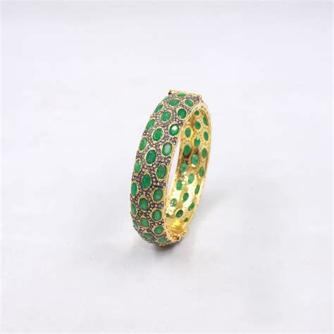 Natural Emerald & Diamond Bangle – Gold Plated 925 Sterling Silver Vin ...