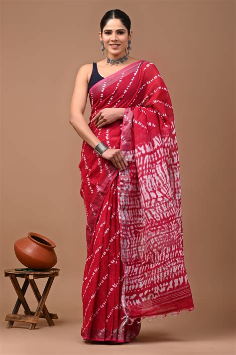 Hand Block Printed Linen Saree – Ishvari Womens World
