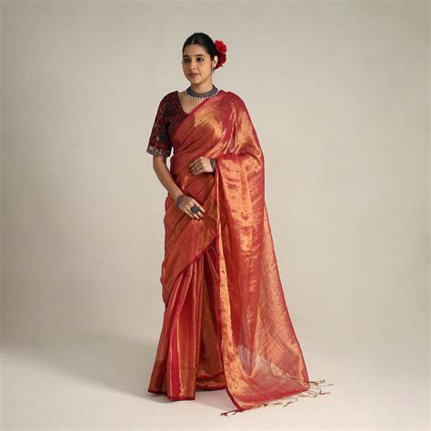 Mul Tissue Zari Red Bengal Saree with Embroidered Blouse