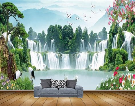 Avikalp MWZ2645 Waterfalls Trees Pink Flowers Cranes Mountains Birds D ...