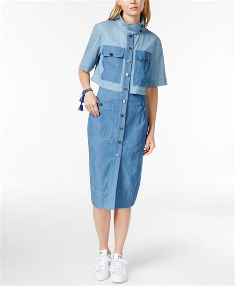 Rachel Roy | Layered Denim Midi Shirtdress | Women's dresses | HighCollars