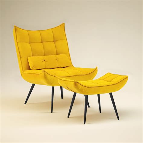 Luxurious Velvet Chair With Ottoman Footrest Yellow – Nestroots