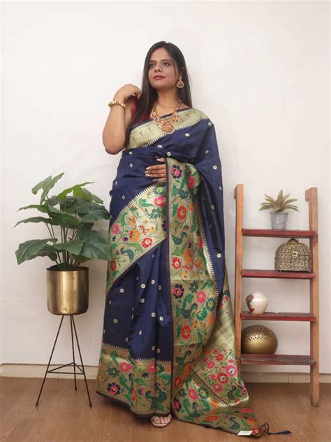 Stunning Blue Paithani Silk Saree with Bird & Flower Design