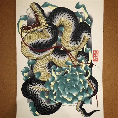 A3 #snake #chrysanthemum #painting #drawing #copic #tattoo #tattoos # ...