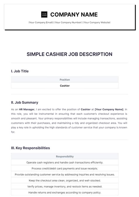 Free Simple Cashier Job Description Template - Edit Online & Download | Template.net