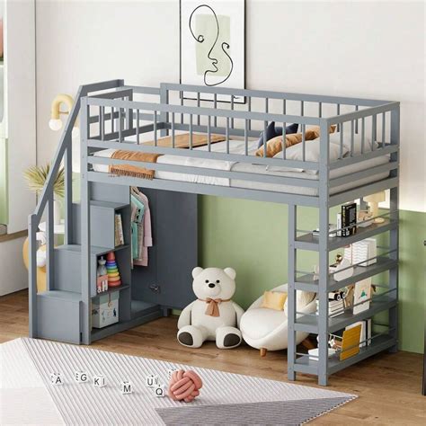 Loft Bed 90x200cm With Fall Protection, Bunk Bed With Storage Ladder ...