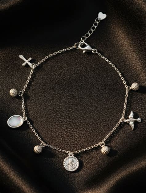 925 Sterling Silver Spiritual Charm Bracelet with Mother of Pearl & Re