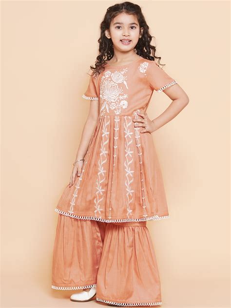 Shop Bitiya By Bhama Girls Peach Floral Embroidered Kurta With Sharara ...