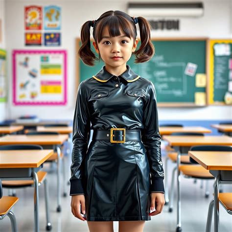 Sleek & Bold: Young Girl in Black Latex School Uniform