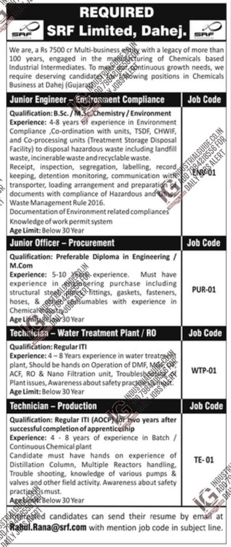 SRF Limited Dahej jobs for Production Environment Compliance Water ...