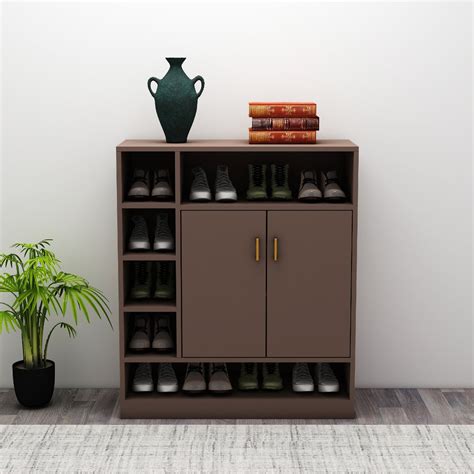 Buy Brown Wooden Shoe Rack with Open Shelf and Shutter, Shoe Storage ...