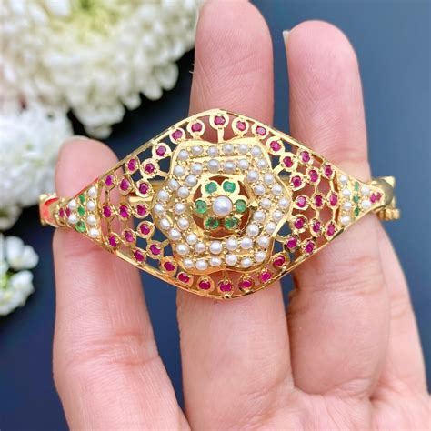 916 Gold Bracelet studded with Ruby, Emerald and Pearls GBNG 004