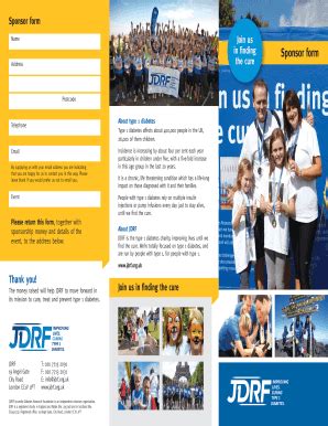 Fillable Online jdrf org Sponsor form Name Join us in finding Sponsor ...